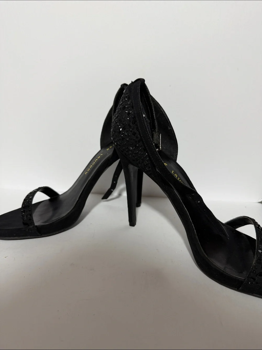 Chinese Laundry Black Suede Crystal-Embellished Ankle-Strap Heels